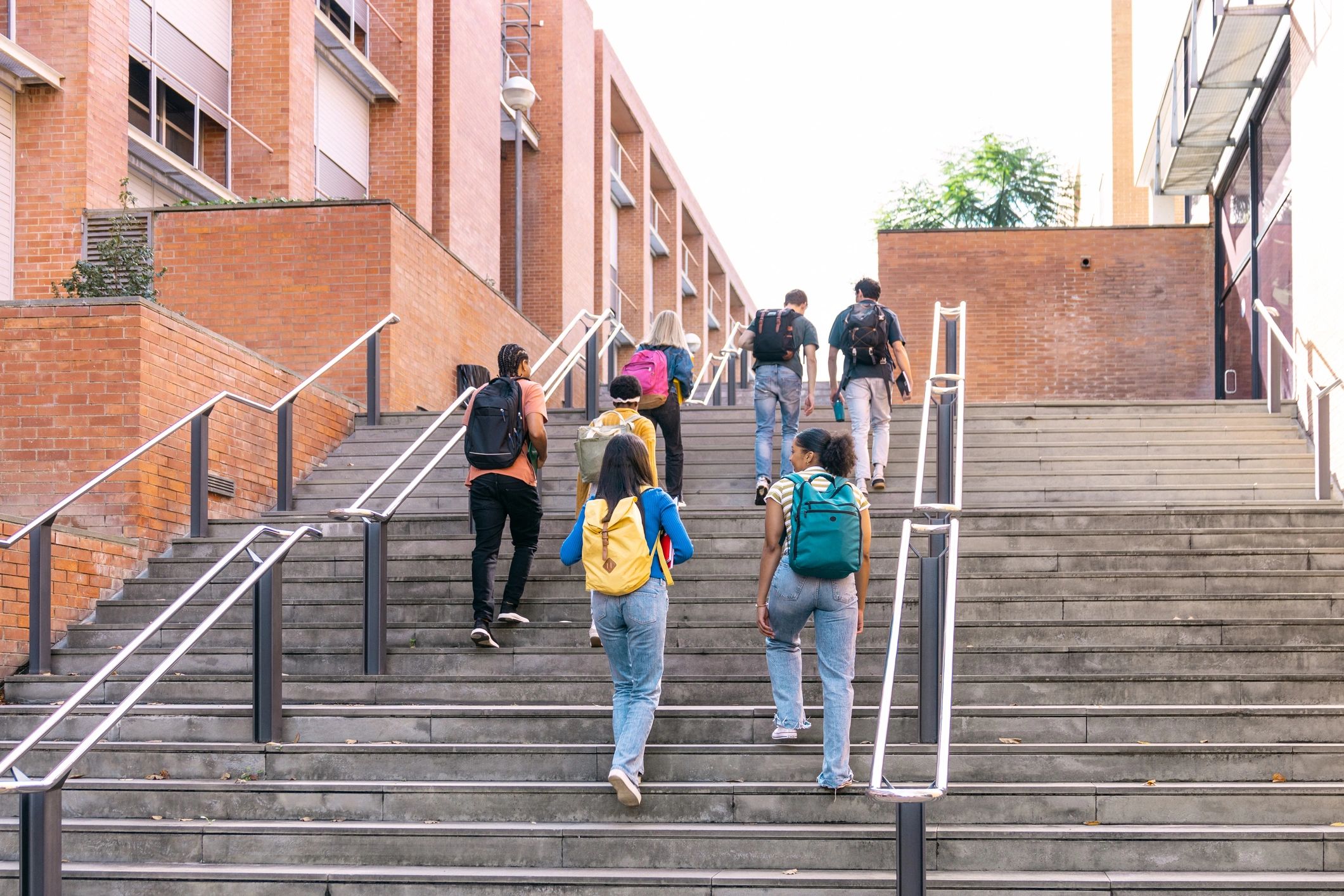 Students walking up campus stairs